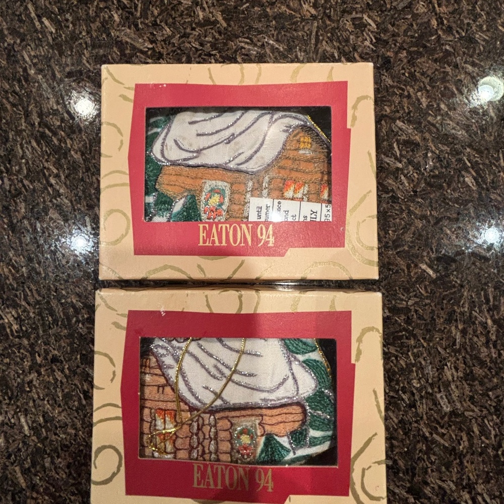 Two Vintage Eaton 94 Log Cabin Christmas Ornament
